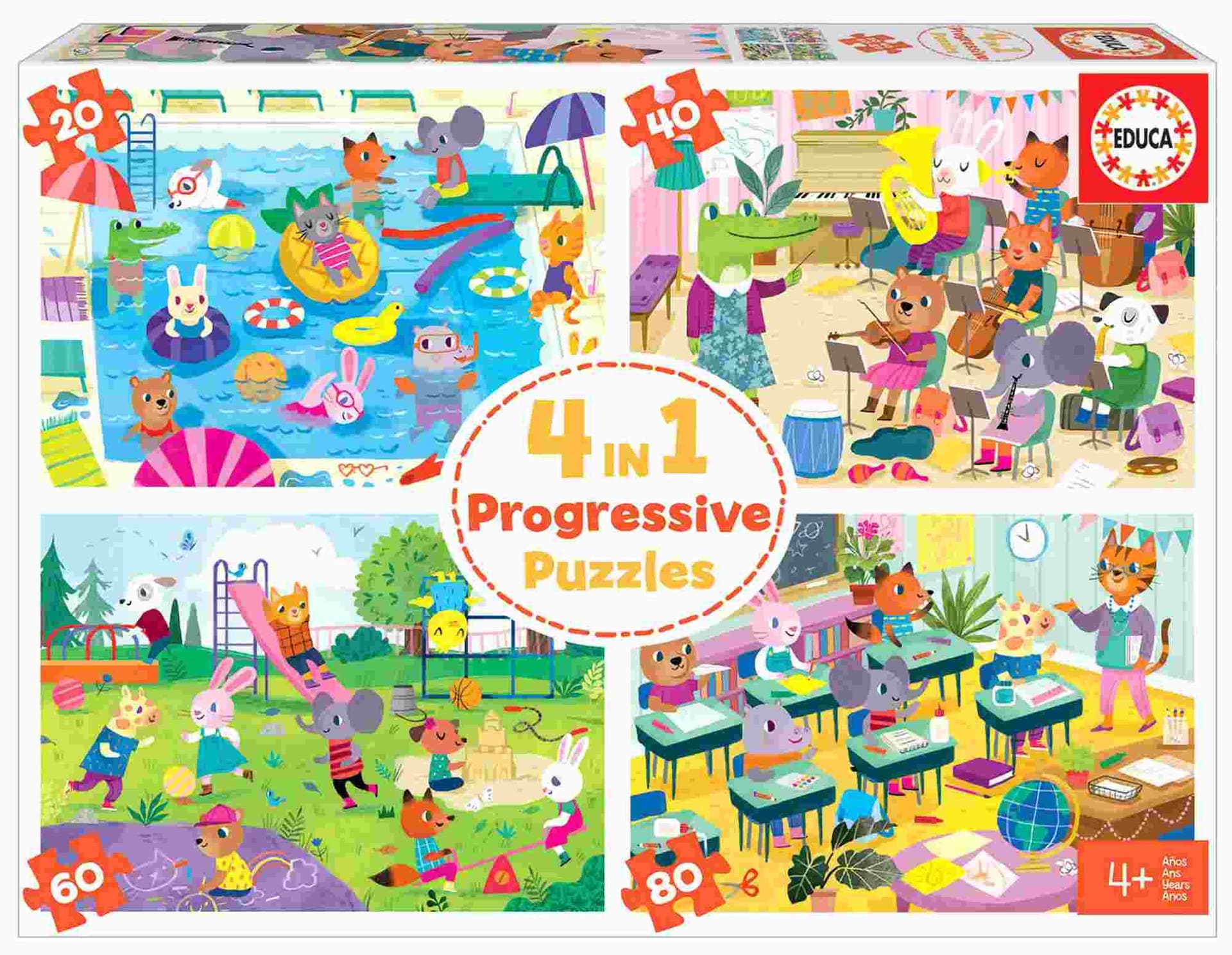 Educa - Puzzle 4in1 A day at school - 40-99 dielov