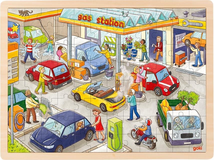 GOKI Dřevěné puzzle Čerpací stanice 96 dílků