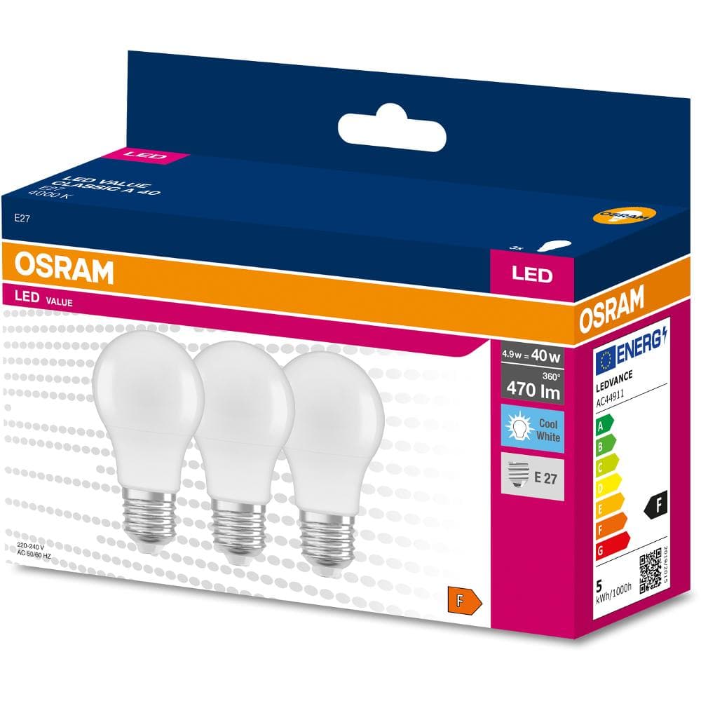 LED Cla. A 40 4.9W/4000K E27 3pack OSRAM