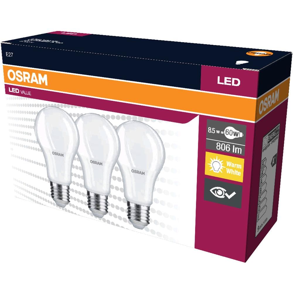 LED Cla. A 60 8.5W/2700K E27 3pack OSRAM