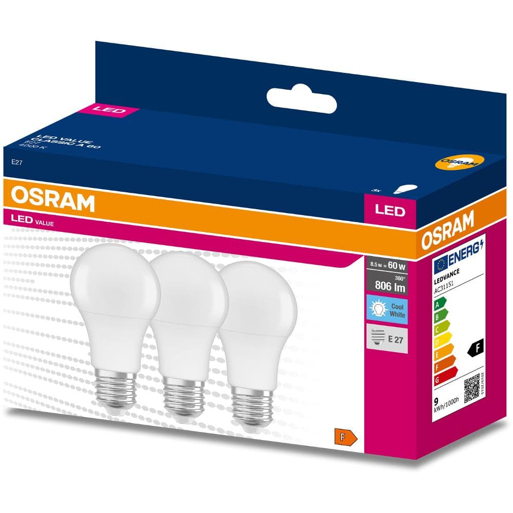 LED Cla. A 60 8.5W/4000K E27 3pack OSRAM