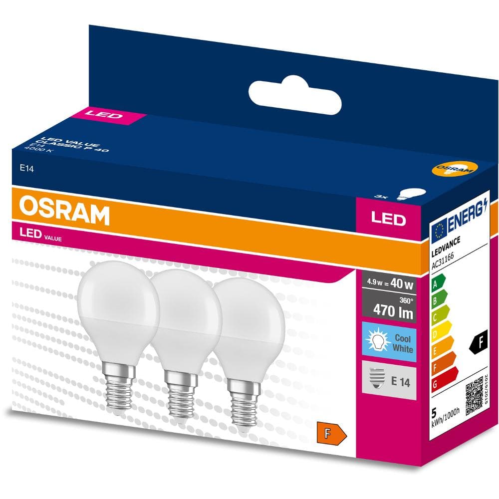 LED Cla. P 40 4.9W/4000K E14 3pack OSRAM