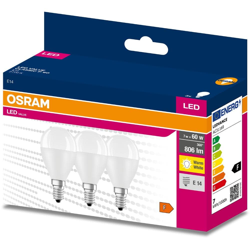 LED Cla. P 60 7 W/2700 K E14 3pack OSRAM