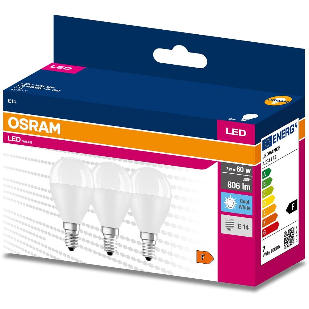 LED Cla. P 60 7 W/4000 K E14 3pack OSRAM