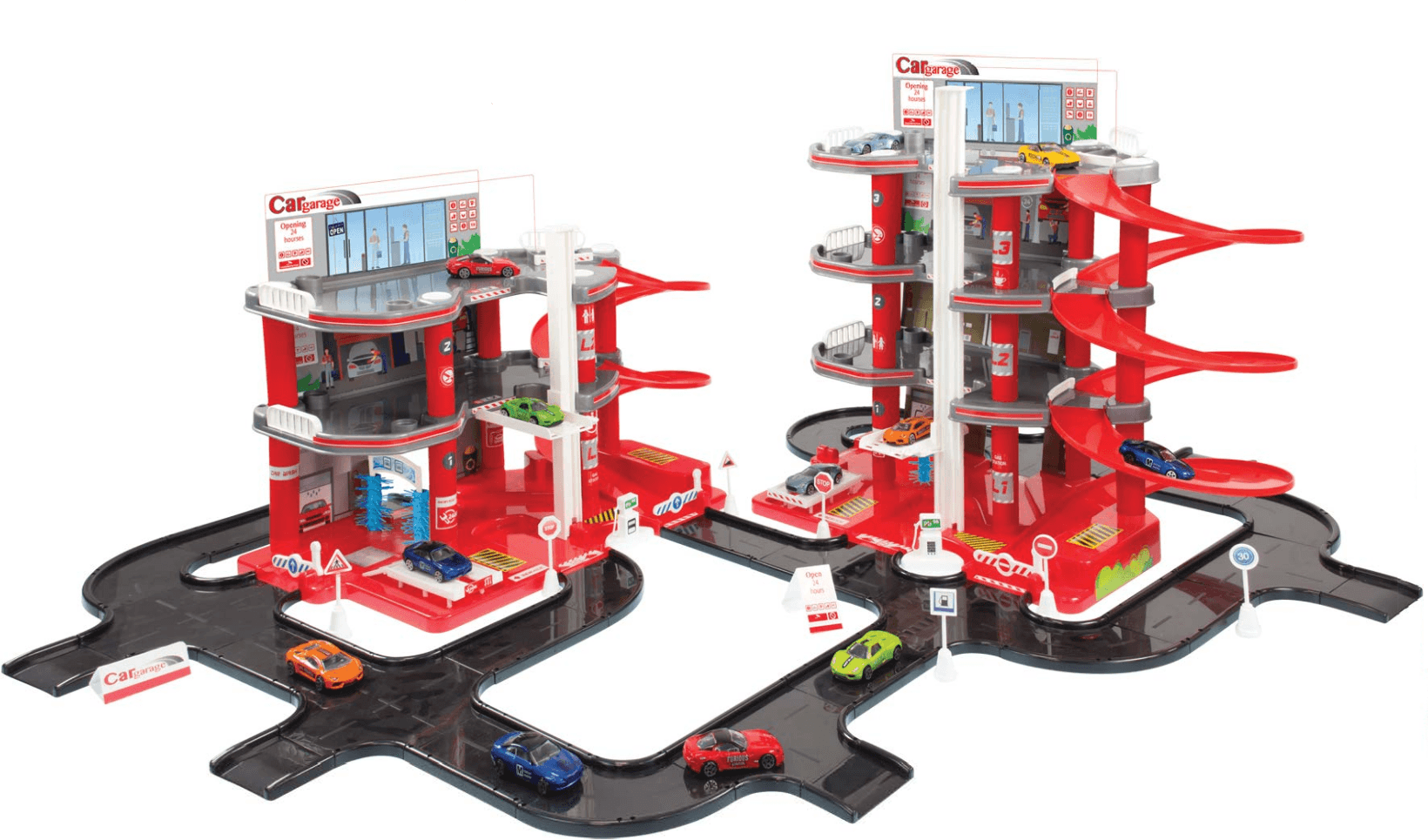 MOCHTOYS Mega garáže - parkovací set se silnicí
