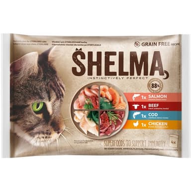 Shelma kapsička pre mačky 4x85g kur-hov, los-tre