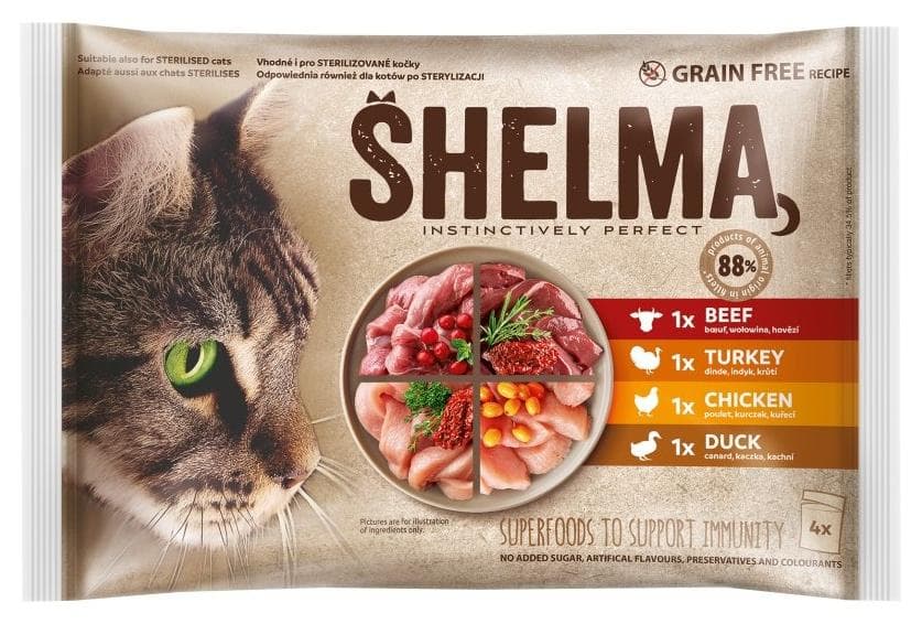 Shelma kapsička pre mačky 4x85g kur-hov, kač-mor